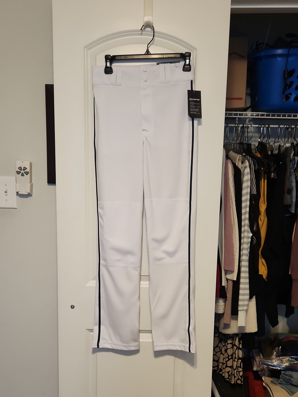 Boy's White Athletic Pants with Navy Stripe Baseball